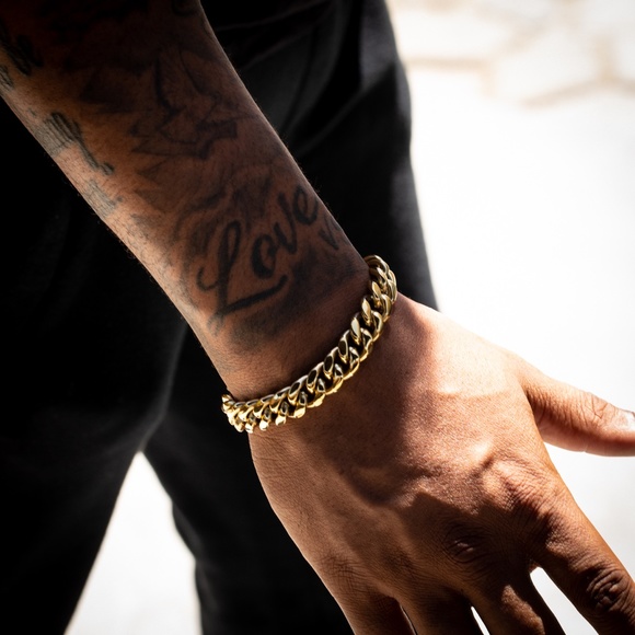 Men's Heavy 14K Gold Plated Stainless Steel Miami Cuban Link Chain Bracelet - Picture 3 of 4